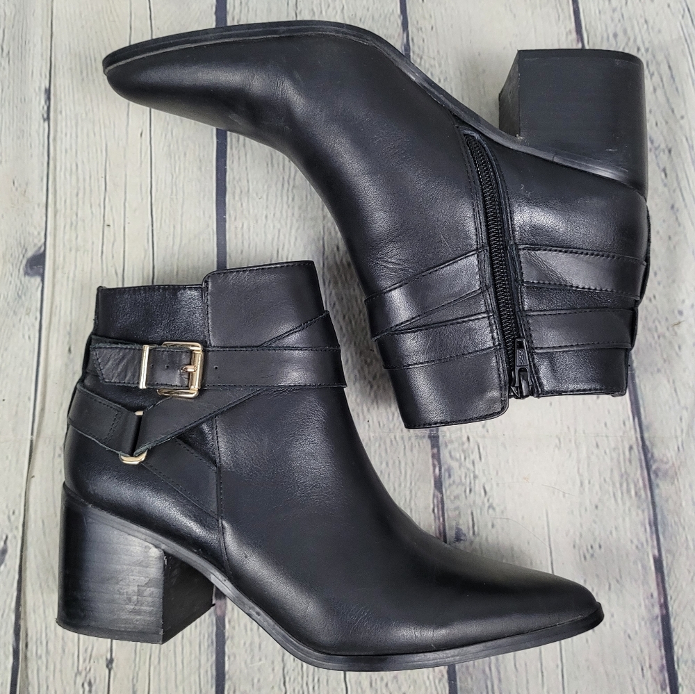 ALDO | leather pointed toe buckle strappy detail heeled boots